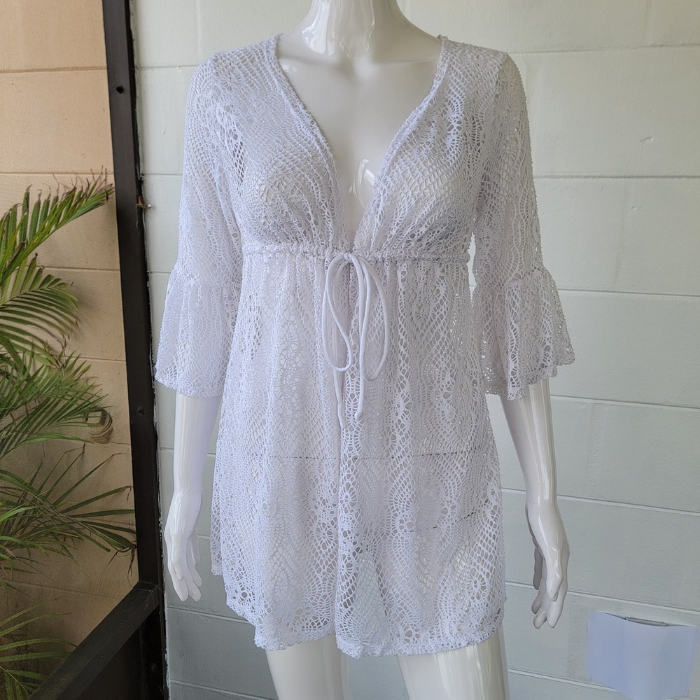Time and Tru Crochet Swim Cover Up White Women's S Boho Beachwear Resortwear